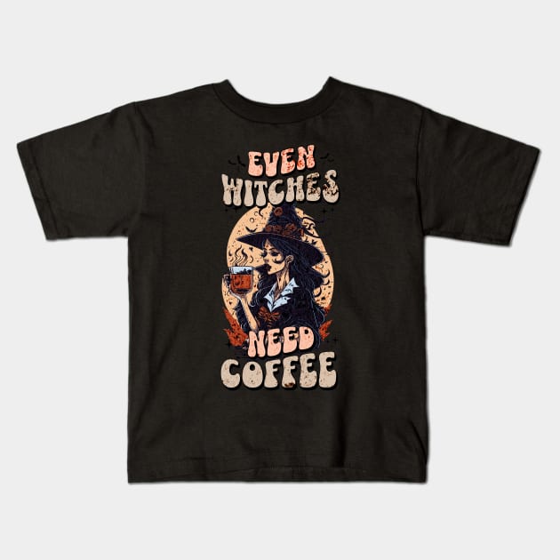 Even Witches need Coffee Kids T-Shirt by Luvleigh